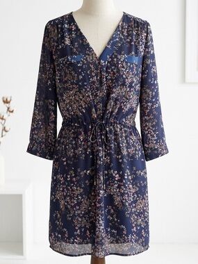 monk & lou| Navy & Pink Floral Tie-Waist 3/4 Sleeve Silky Sheer Flowy Dress Sz L